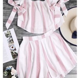 Off the shoulder and flowy shorts set